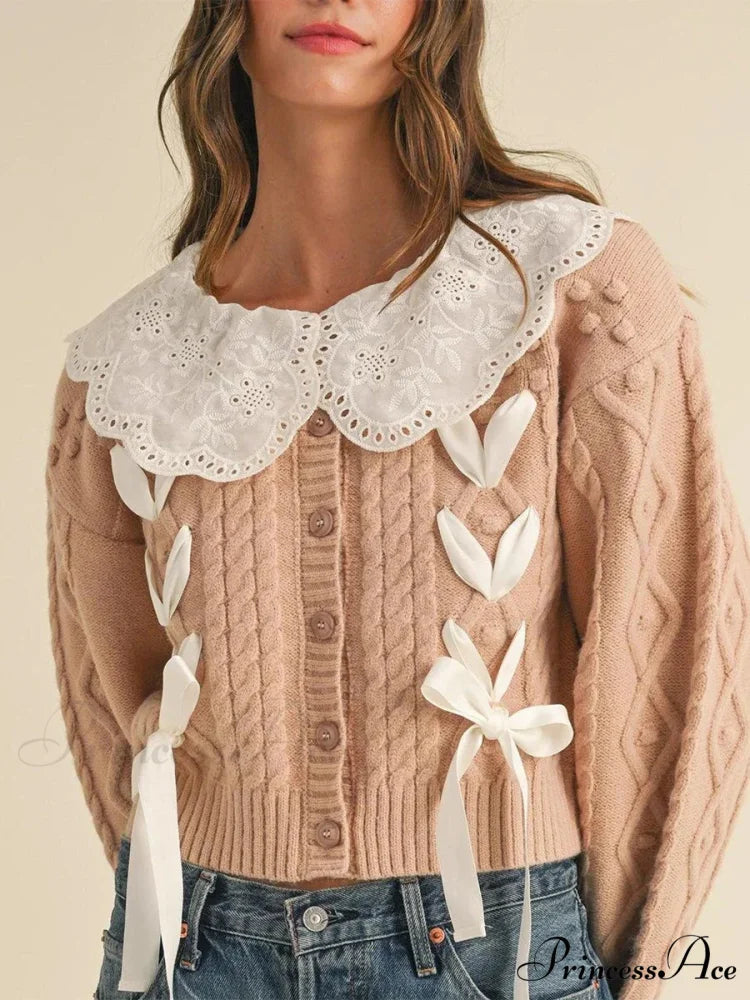 Doll Collar Tie-Up Lengthy Sleeve Knit Cardigan