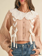 Doll Collar Tie-Up Lengthy Sleeve Knit Cardigan
