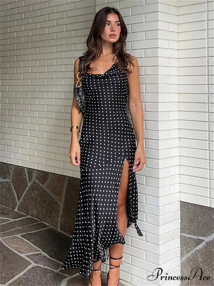 Dot Print Swinging Neck Backless Summer Women Sleeveless Split es Casual Midi Dress