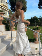 Dot Print Swinging Neck Backless Summer Women Sleeveless Split es Casual Midi Dress