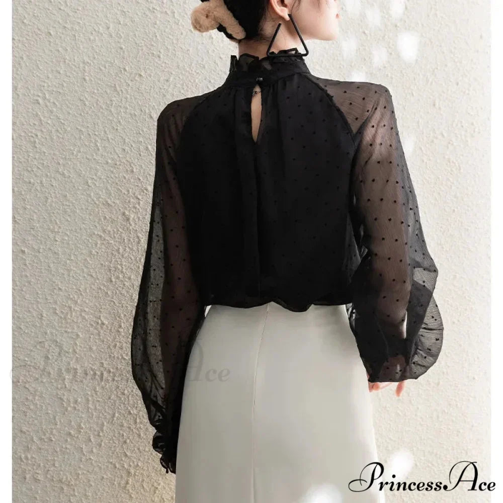 Dotted Chiffon High Neck Fall Blouse