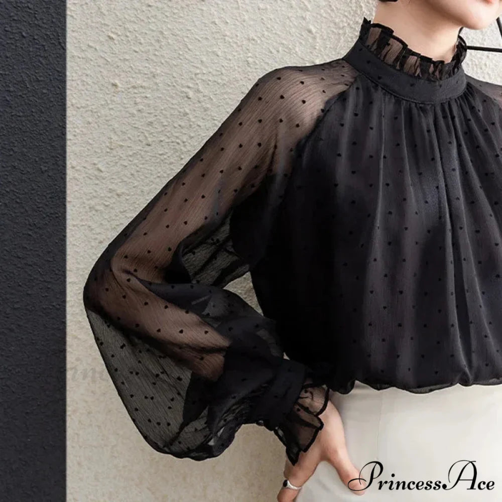 Dotted Chiffon High Neck Fall Blouse