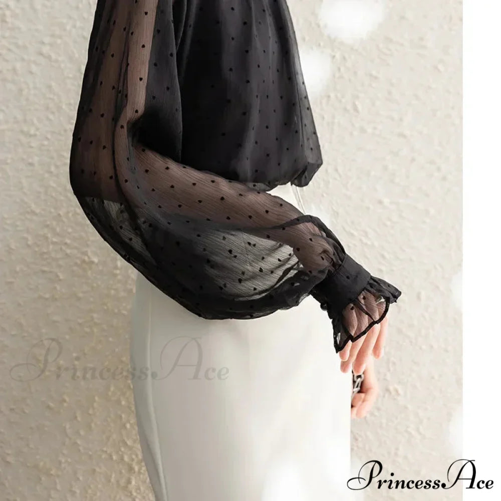 Dotted Chiffon High Neck Fall Blouse