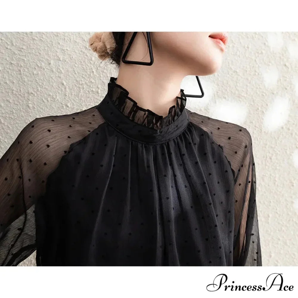 Dotted Chiffon High Neck Fall Blouse