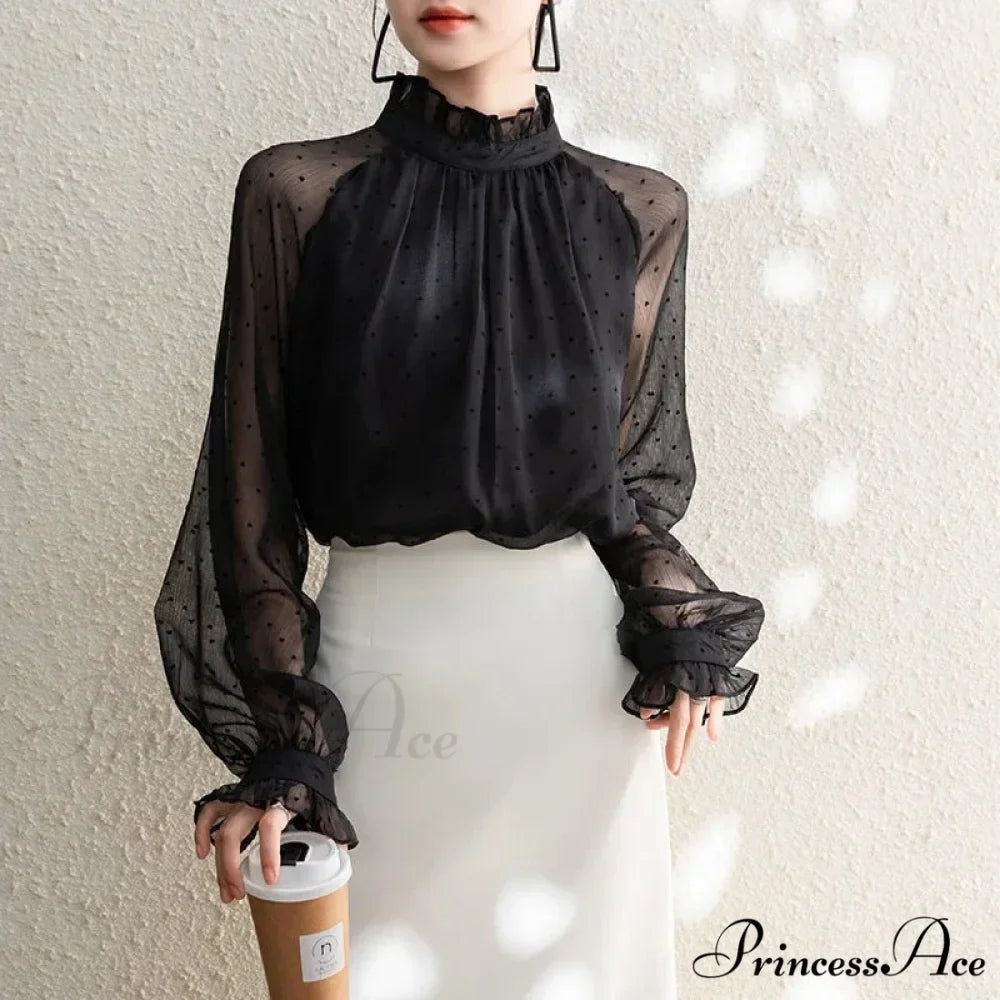 Dotted Chiffon High Neck Fall Blouse