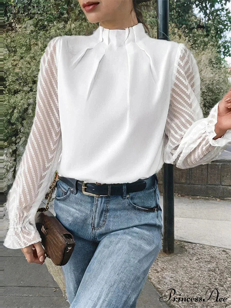 Dotted Folded High Neck Long Sleeve Blouse