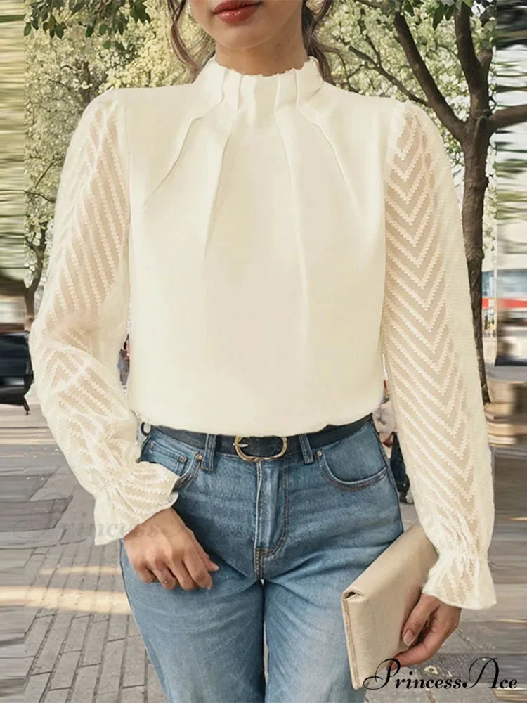 Dotted Folded High Neck Long Sleeve Blouse