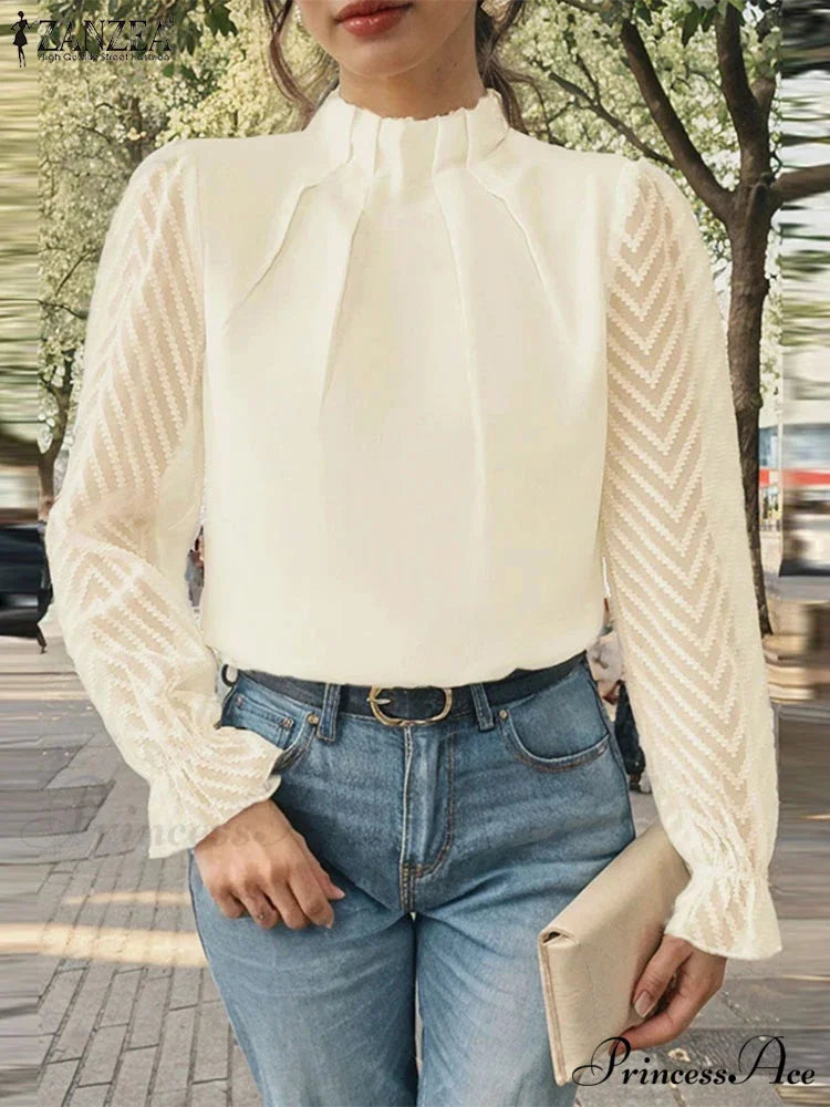 Dotted Folded High Neck Long Sleeve Blouse