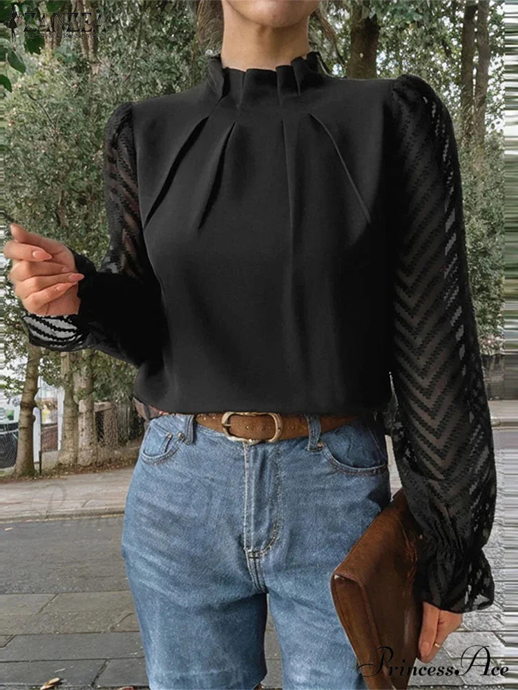 Dotted Folded High Neck Long Sleeve Blouse