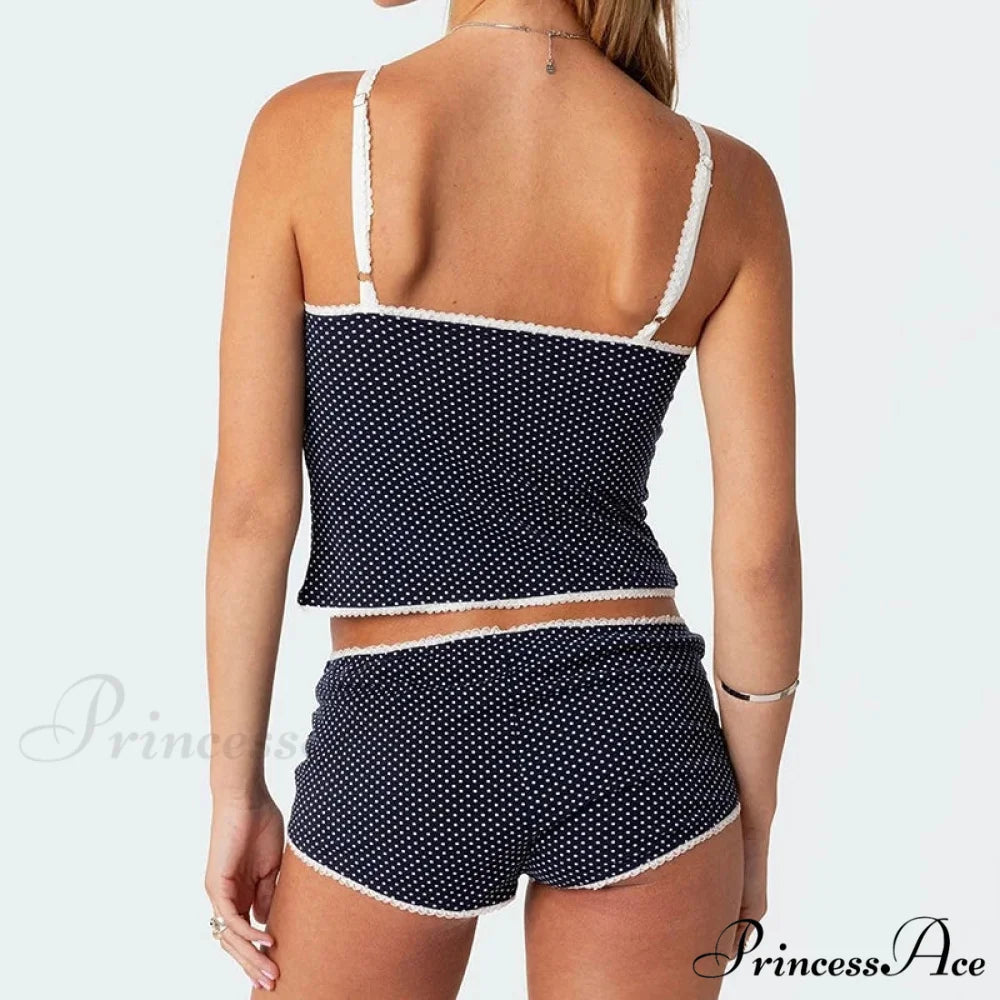 Dotted Lace Trim Camisole Mini Shorts Retro Lounge Two Pieces Set