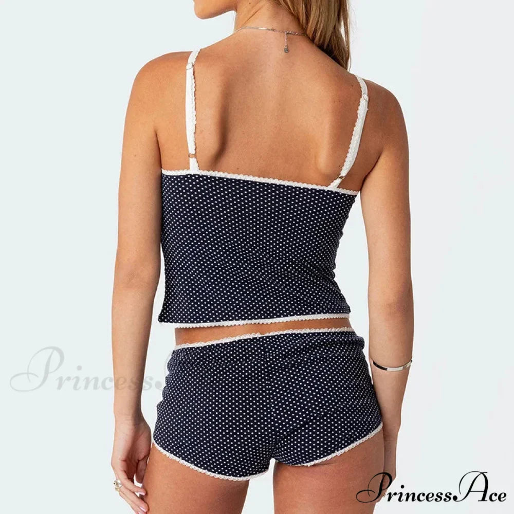 Dotted Retro Crop Tops Mini Shorts Two Pieces Set