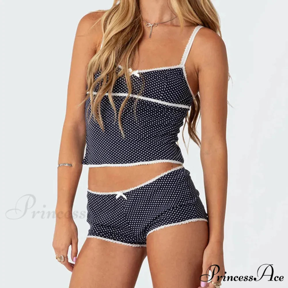 Dotted Retro Crop Tops Mini Shorts Two Pieces Set