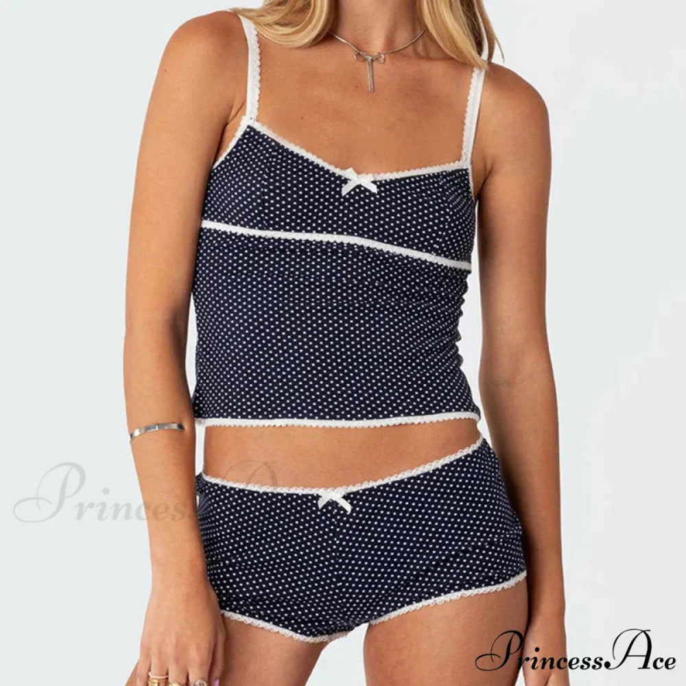 Dotted Retro Crop Tops Mini Shorts Two Pieces Set