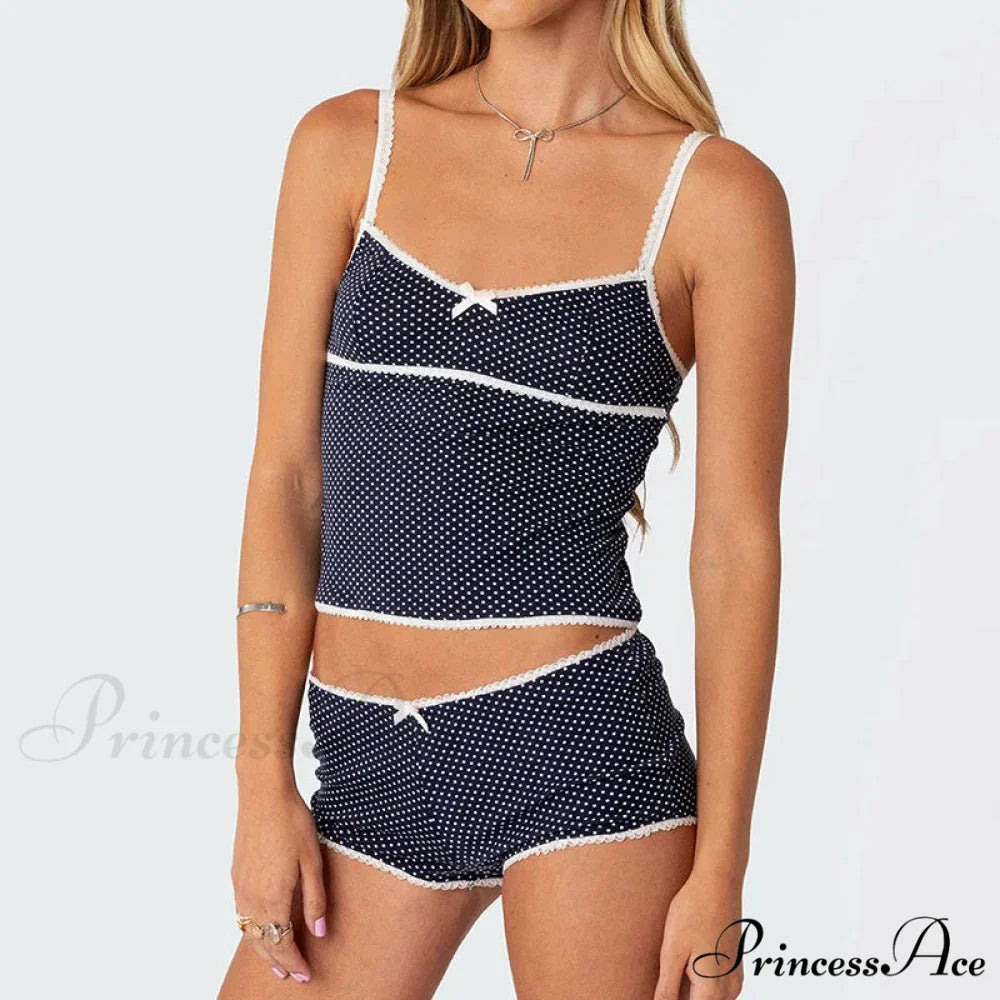 Dotted Retro Crop Tops Mini Shorts Two Pieces Set