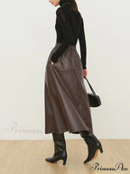 Double Pockets Graceful Leather Maxi Skirt