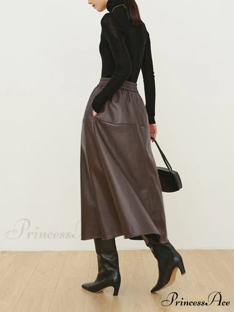 Double Pockets Graceful Leather Maxi Skirt