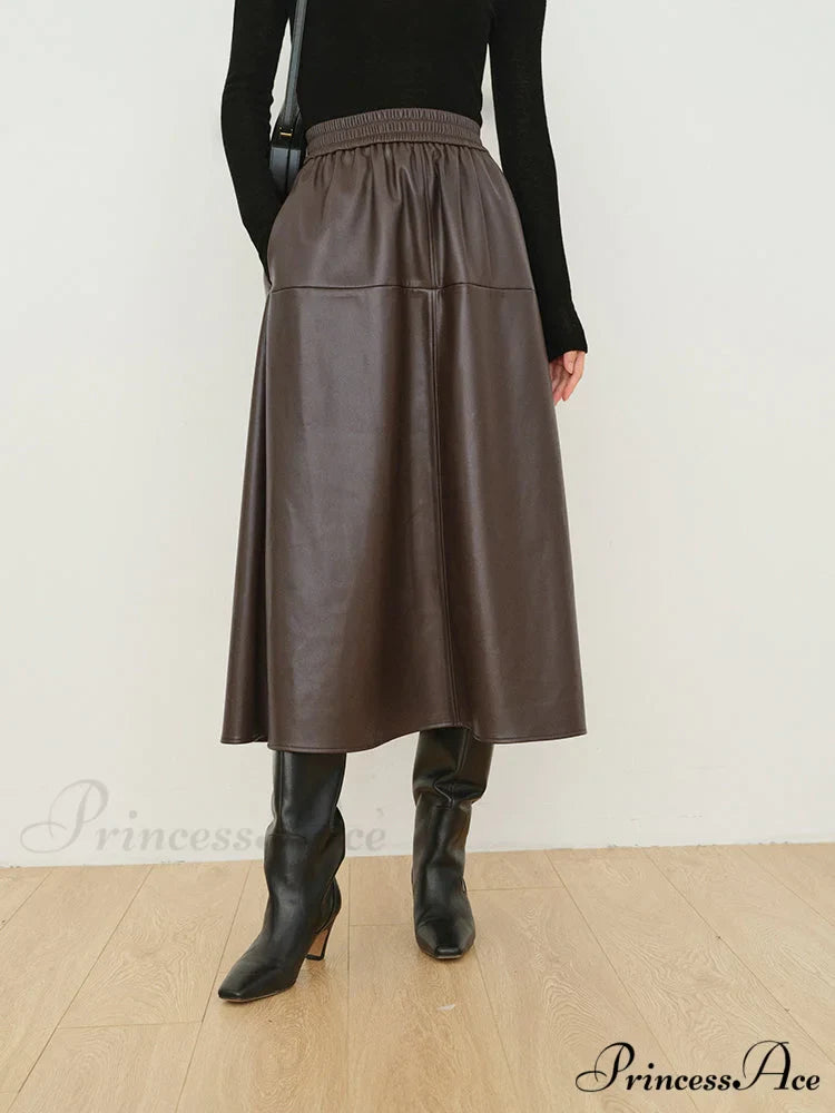 Double Pockets Graceful Leather Maxi Skirt