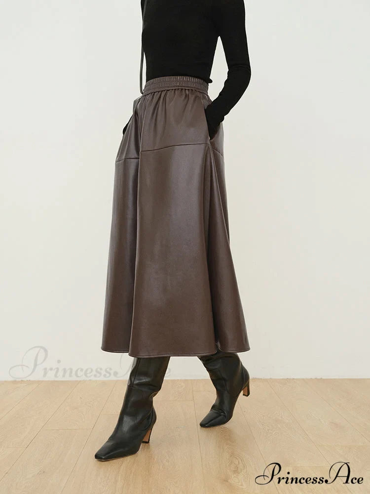 Double Pockets Graceful Leather Maxi Skirt