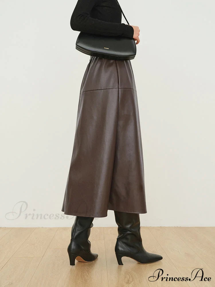 Double Pockets Graceful Leather Maxi Skirt