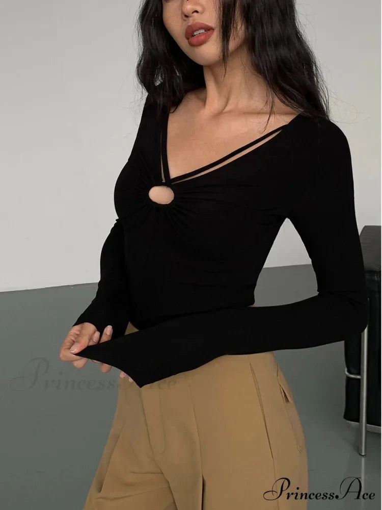 Double Sided Keyhole Trendy Rib Long Sleeve Shirt