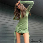 Drawstring Long Sleeve Club Party Bodycon Solid Mini Dress