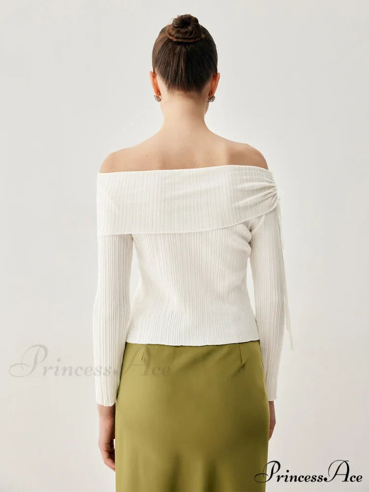 Drawstring Overfold Off Shoulder Modern Slit Ribbed Knit Top