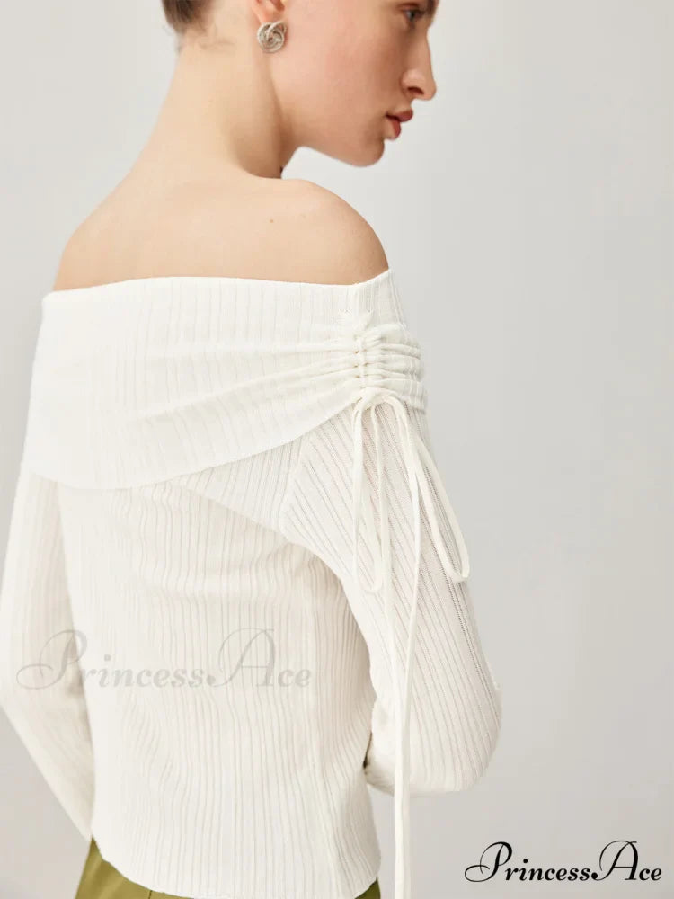 Drawstring Overfold Off Shoulder Modern Slit Ribbed Knit Top