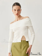 Drawstring Overfold Off Shoulder Modern Slit Ribbed Knit Top