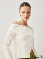Drawstring Overfold Off Shoulder Modern Slit Ribbed Knit Top