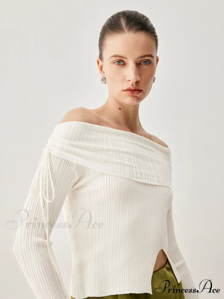 Drawstring Overfold Off Shoulder Modern Slit Ribbed Knit Top