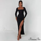 Drawstring Ruched High-split Club-ready Square-necked Long-sleeved Sensual Midi Dress