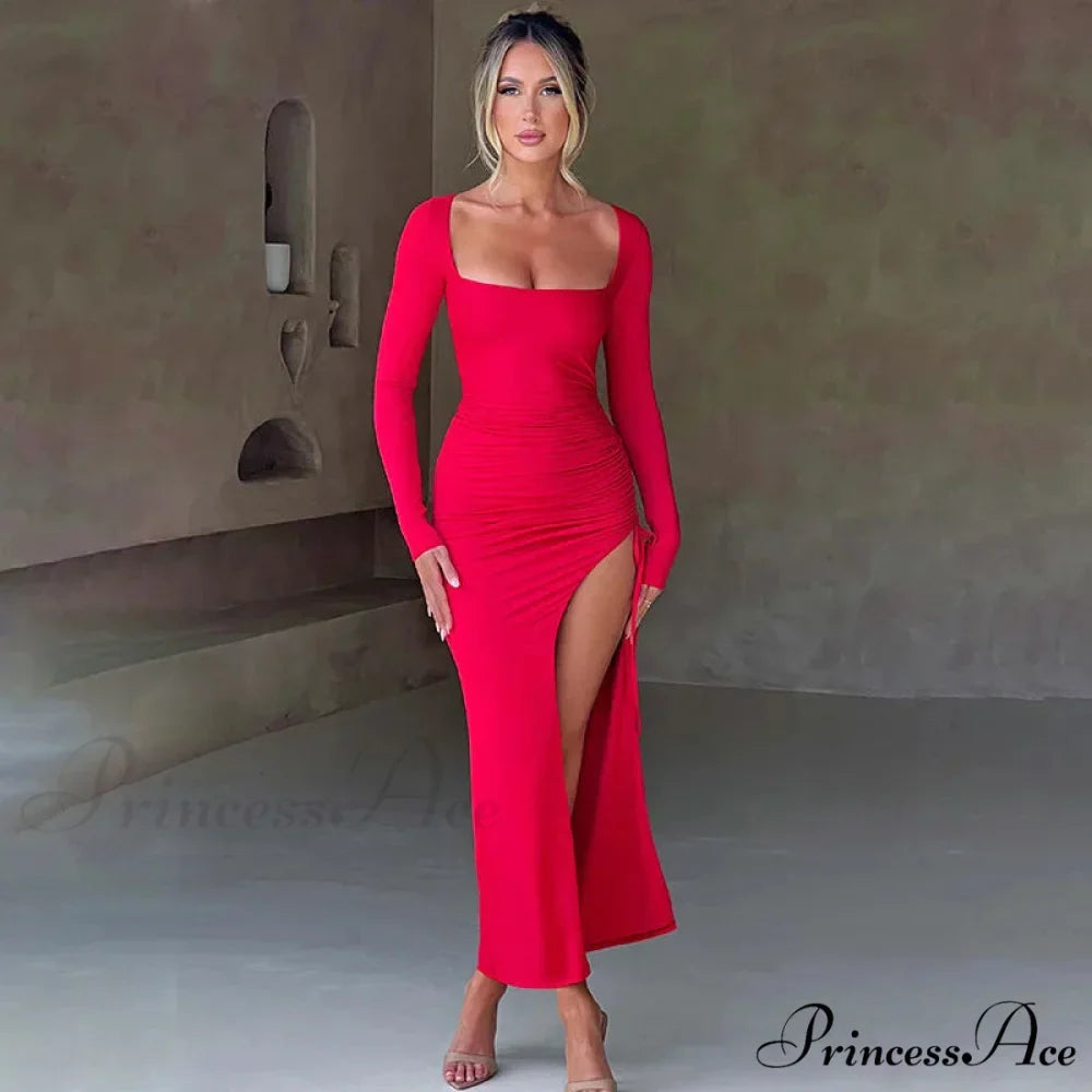 Drawstring Ruched High-split Club-ready Square-necked Long-sleeved Sensual Midi Dress