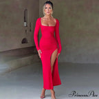 Drawstring Ruched High-split Club-ready Square-necked Long-sleeved Sensual Midi Dress