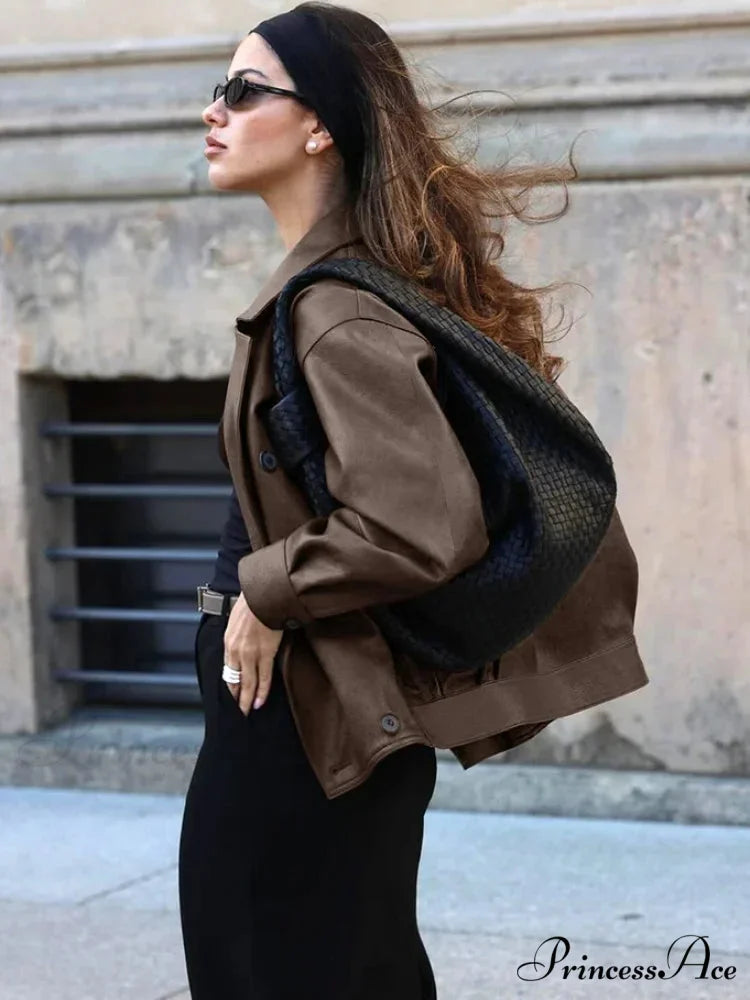 Dual Breasted Ebony Collar Leather Coat