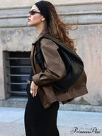 Dual Breasted Ebony Collar Leather Coat