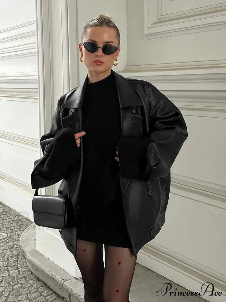 Dual Breasted Ebony Collar Leather Coat