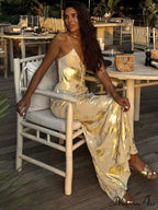 Dulzura Gold Strap V Neck Backless Long Metal Party Club OutFits Y2K Clothes 2024 Summer Floral Dress