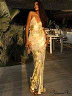 Dulzura Gold Strap V Neck Backless Long Metal Party Club OutFits Y2K Clothes 2024 Summer Floral Dress