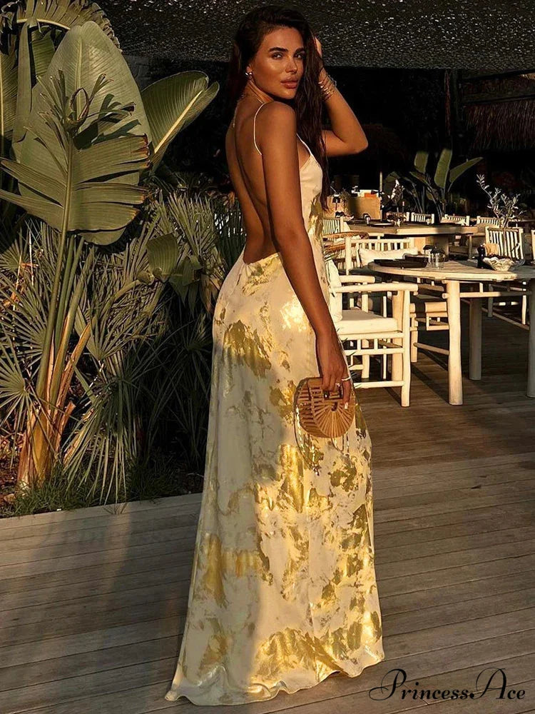 Dulzura Gold Strap V Neck Backless Long Metal Party Club OutFits Y2K Clothes 2024 Summer Floral Dress