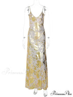 Dulzura Gold Strap V Neck Backless Long Metal Party Club OutFits Y2K Clothes 2024 Summer Floral Dress