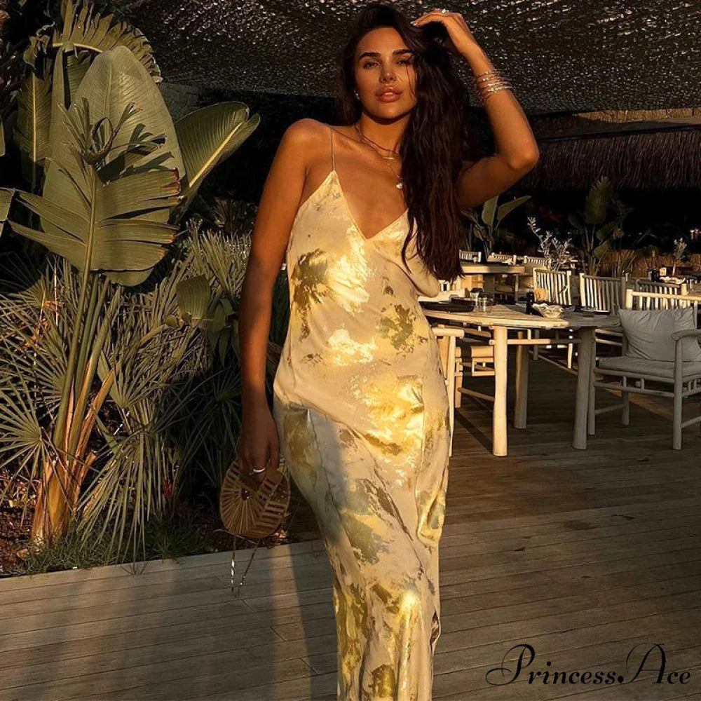 Dulzura Gold Strap V Neck Backless Long Metal Party Club OutFits Y2K Clothes 2024 Summer Floral Dress