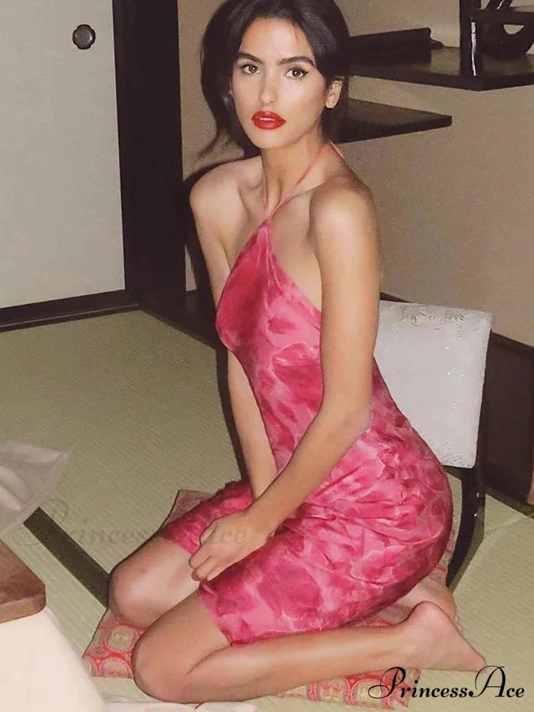 Dulzura Rose Print Lace Up Halter Mini Sexy Backless Party OutFit Birthday Clothes Y2K Floral Dress