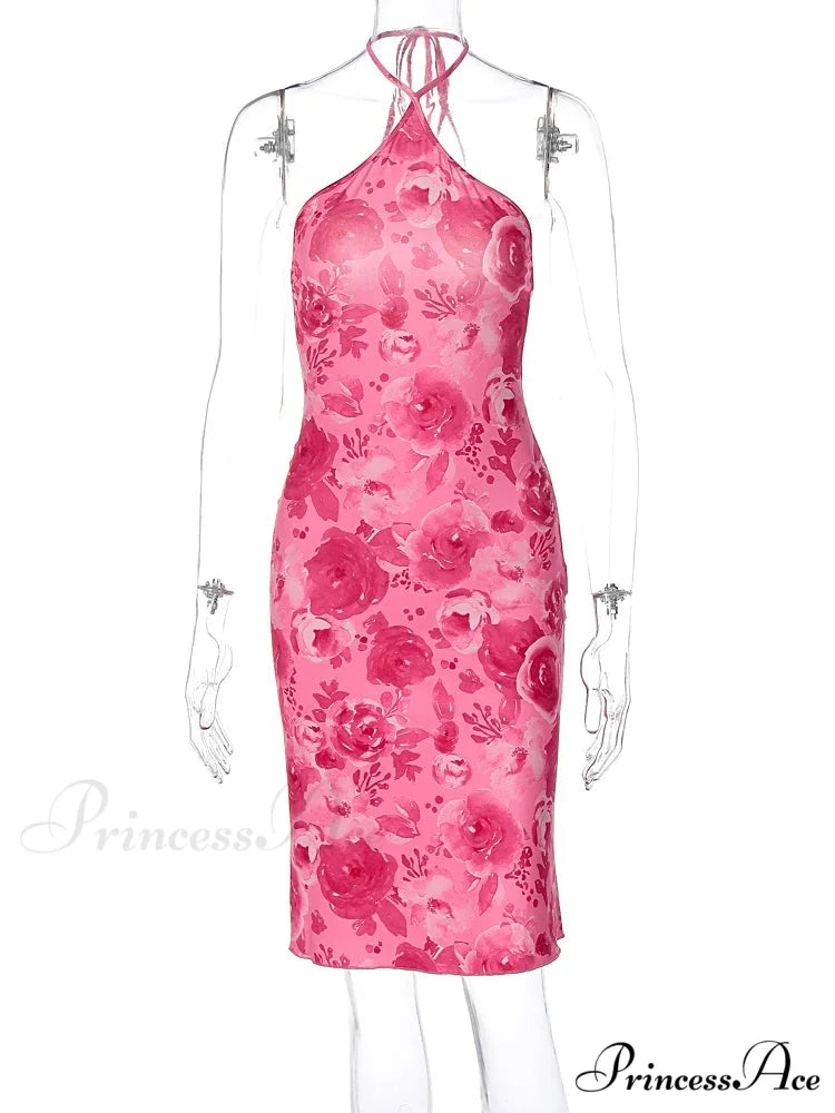 Dulzura Rose Print Lace Up Halter Mini Sexy Backless Party OutFit Birthday Clothes Y2K Floral Dress