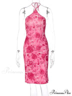 Dulzura Rose Print Lace Up Halter Mini Sexy Backless Party OutFit Birthday Clothes Y2K Floral Dress