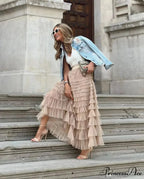 Durable Ball Gown Tall Waist Folded Mesh Dating Maxi Skirt