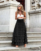 Durable Ball Gown Tall Waist Folded Mesh Dating Maxi Skirt