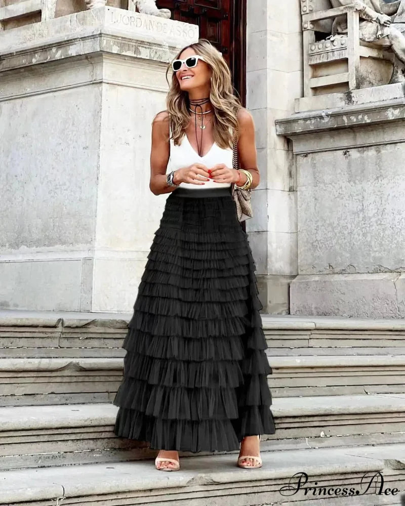 Durable Ball Gown Tall Waist Folded Mesh Dating Maxi Skirt