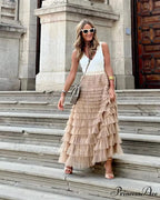 Durable Ball Gown Tall Waist Folded Mesh Dating Maxi Skirt