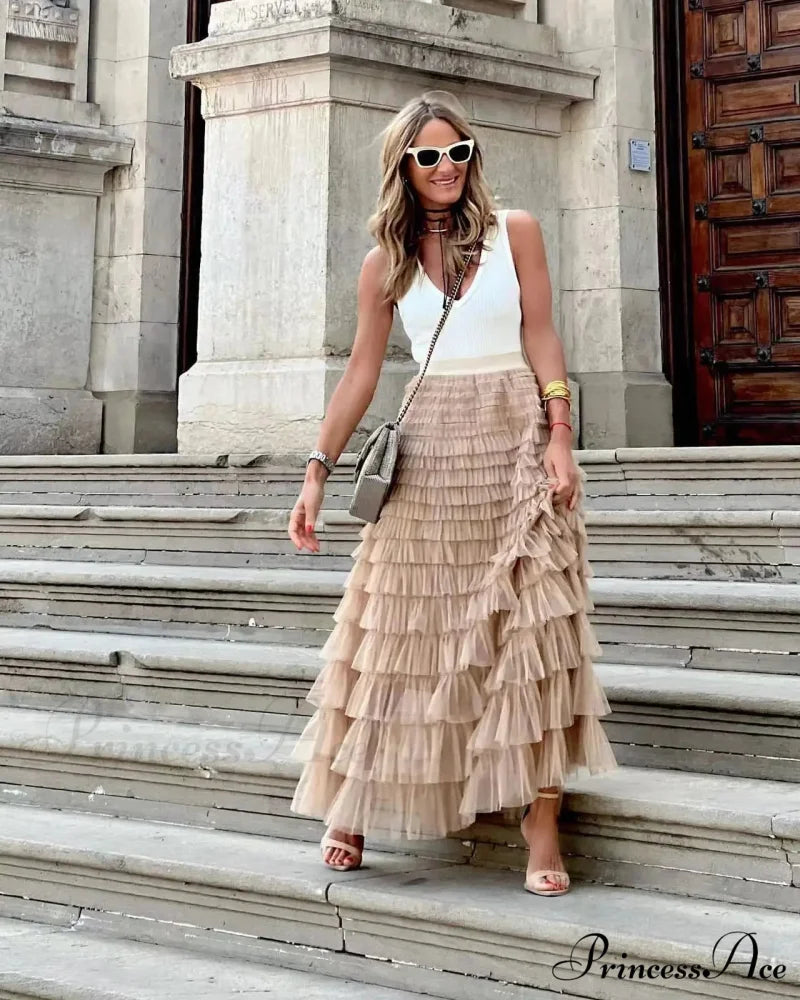 Durable Ball Gown Tall Waist Folded Mesh Dating Maxi Skirt