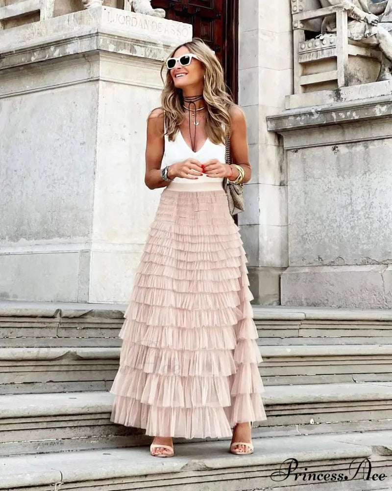 Durable Ball Gown Tall Waist Folded Mesh Dating Maxi Skirt